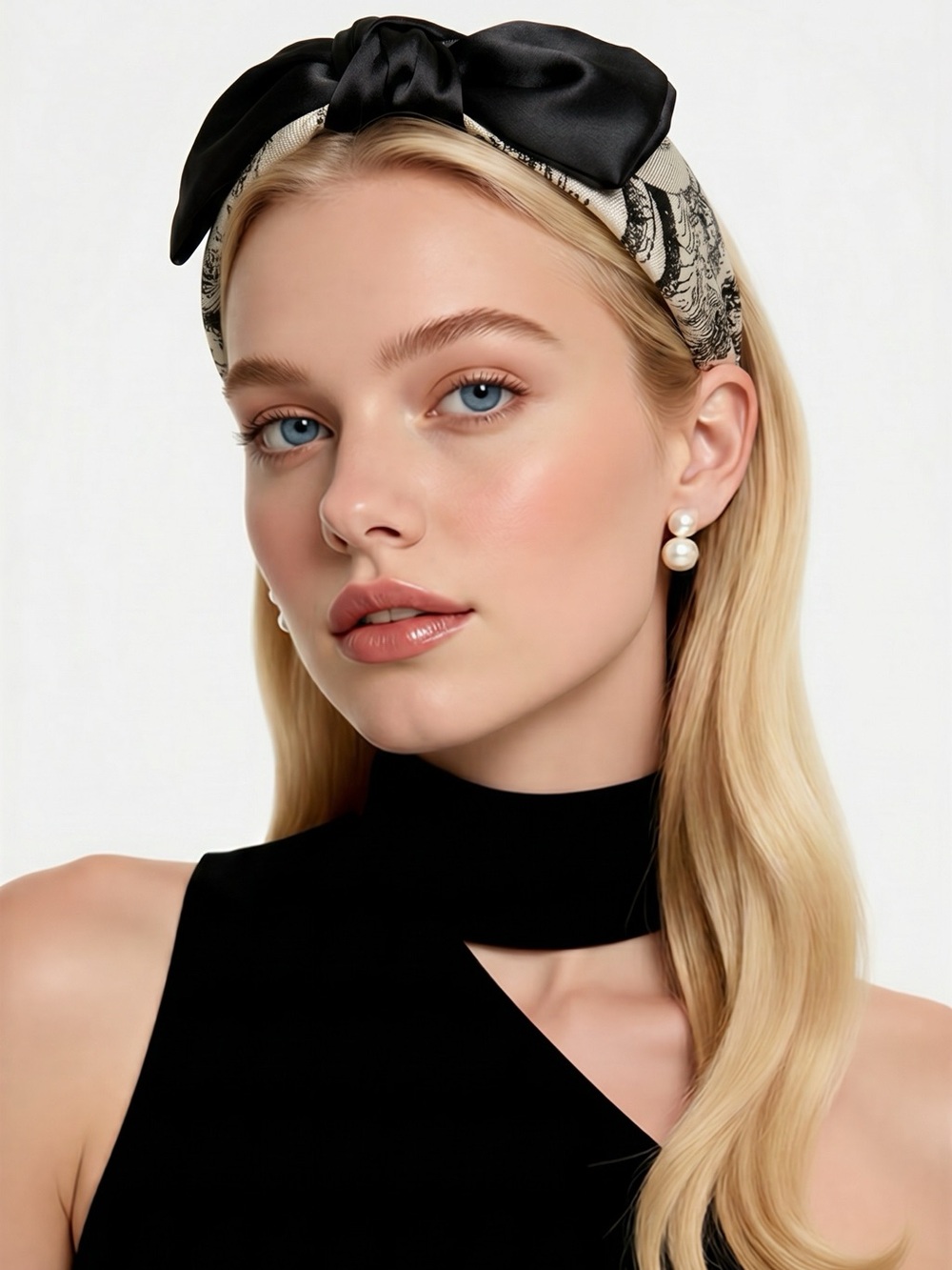 Source Unknown Black Satin Bow Floral Pattern Headband